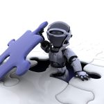 robot with the final piece of the puzzle
