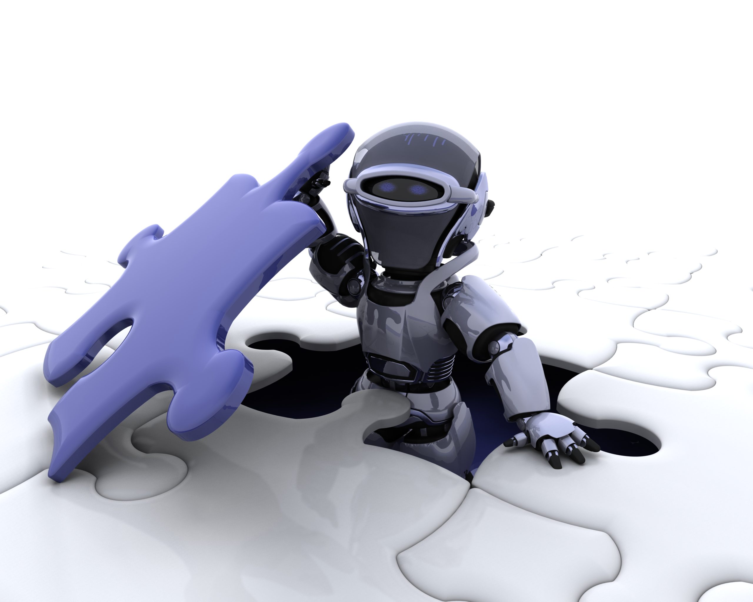 robot with the final piece of the puzzle